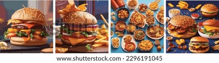 Fast food vector illustration set. Cartoon flat unhealthy streetfood cafe menu collection for junk food party with ice cream burger popcorn hotdog sandwich pizza donut french fries 