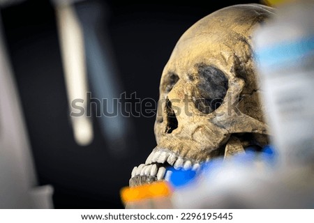 Skull adult person in murder investigation in a forensic laboratory, conceptual image Royalty-Free Stock Photo #2296195445