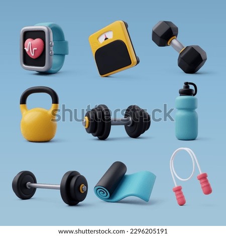 Set of 3d Vector of Workout gym tools, Sport equipment, Gym time concept. Eps 10 Vector. Royalty-Free Stock Photo #2296205191