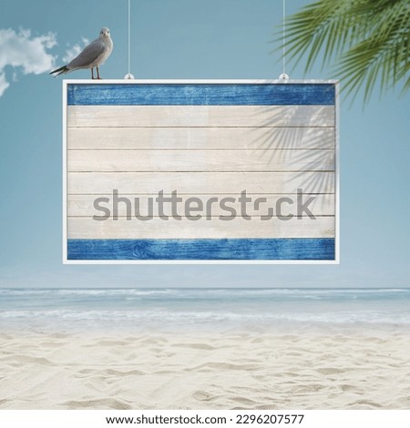 Old wooden sign and funny seagull at the beach, summer vacations concept