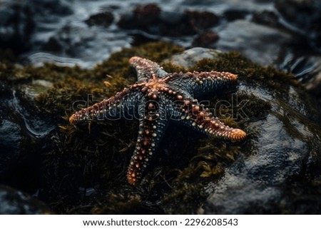 A starfish in a rock pool during low tide with seaweed, natural marine wildlife on the beach. Nature photography.