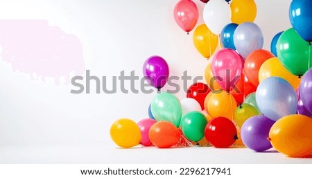 colorful party balloons on white background. Festive party and Happy birthday decoration with copy space. set of multicolored balloons space for text Royalty-Free Stock Photo #2296217941