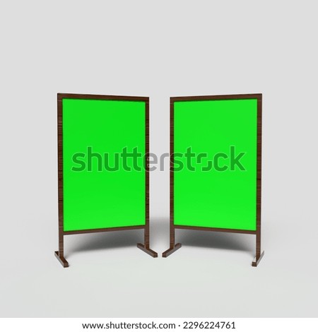 Blank green screen outdoor advertising board with wooden stand on floor, mock up template included clipping path

