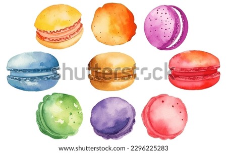 set vector watercolor illustration of multicolors macaron cakes isolated on white background