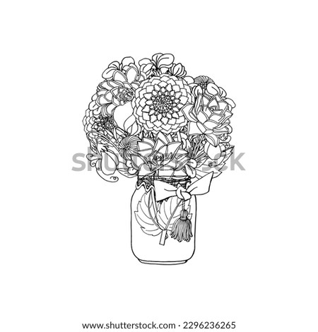 Hand drawn doodle style bouquet of different flowers, succulent, peony, dahlia, stock flower, sweet pea. isolated on white background. stock illustration.