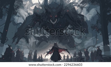 A dark and ominous illustration of a towering giant looming over a battlefield Royalty-Free Stock Photo #2296236603