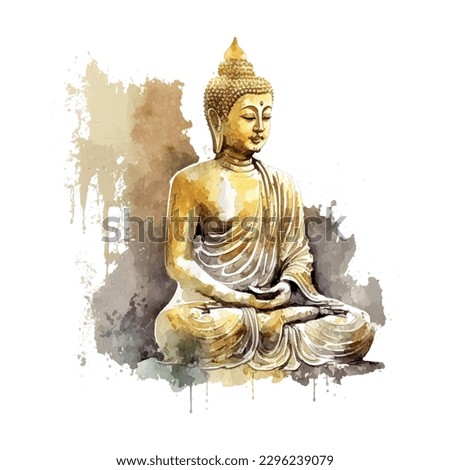 Happy Buddha Purnima, greeting card, poster.Sitting figure golden watercolor vector illustration esoteric watercolour illustration. Royalty-Free Stock Photo #2296239079