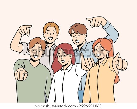 Group of smiling employees point at screen choose work candidate. Team of happy businesspeople choose you for employment or recruitment. Vector illustration.  Royalty-Free Stock Photo #2296251863