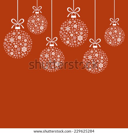 Vector illustrations of Christmas greeting card with decorative white balls of snowflakes hanging on ribbons on red background