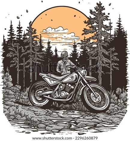motorcycle  in front of a forest Hand drawn illustration, motorcycle Hand drawn illustration design, tshirt design illustration