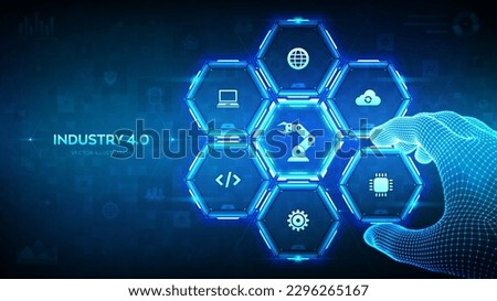Smart Industry 4.0. Factory automation. Autonomous industrial technology. Industrial revolutions steps. Wireframe hand places an element into a composition visualizing Smart Industry. Vector. Royalty-Free Stock Photo #2296265167