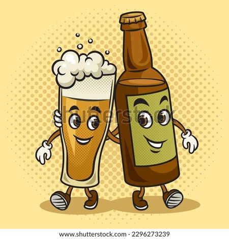 Walking cartoon glass of beer with beer bottle friends pinup pop art retro vector illustration. Comic book style imitation.