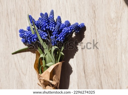 Bouquet blue muscari flowers on white wooden background