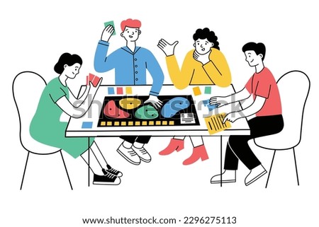Friends playing board game. Hand drawn colored composition of tabletop game. Cooperative eurogame, strategy. Vector illustrations of male and female characters having fun. Leisure activity for family Royalty-Free Stock Photo #2296275113