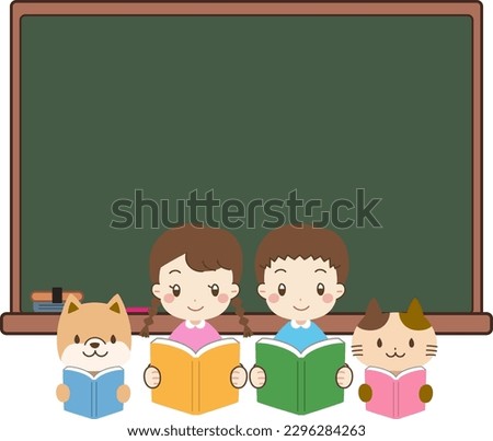 Children and animals reading books blackboard frame illustration material