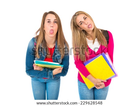 Students doing a joke over isolated white background