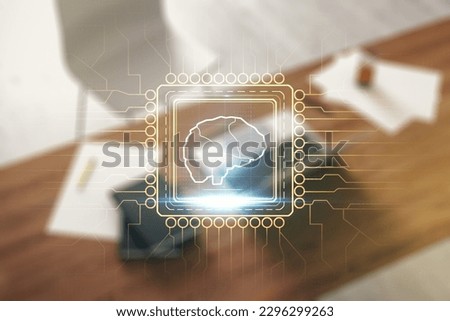 Double exposure of creative human brain microcircuit and modern desk with computer on background. Future technology and AI concept