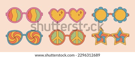 Collection of groovy hippie sunglasses in trendy retro 1970s style. Cartoon psychedelic elements. Vector illustration Royalty-Free Stock Photo #2296312689