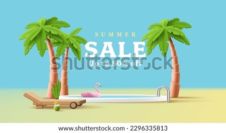 3d render illustration of a round swinning pool with flamingo swimming ring and palm trees with coconut cocktail and sunbed