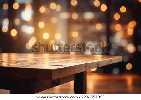 Empty wooden table platform and blurred background bokeh of at bar restaurant at night. Can be used for display or montage your products.Mock up for space. Royalty-Free Stock Photo #2296351353