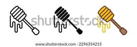 Honey spoon dipper icon vector set. Spoons with dripping honey icon symbol in line, flat, and color style. Vector illustration Royalty-Free Stock Photo #2296354215