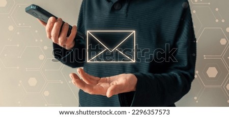 A young girl holds a phone in her hands close-up, a woman uses an application, contacts technical support, a drawing of a letter is added over the photo.