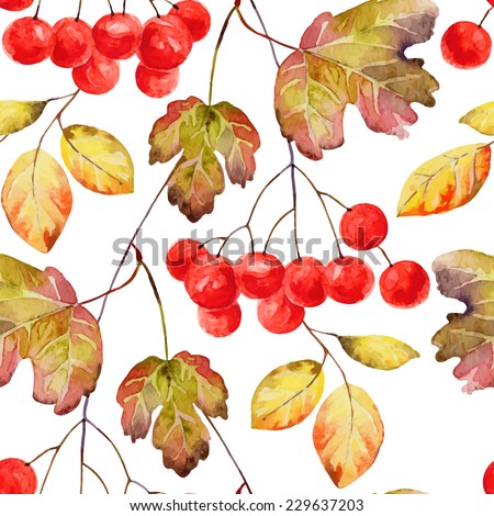 Bright autumn seamless pattern with gold leaves and berries of viburnum. Vector illustration