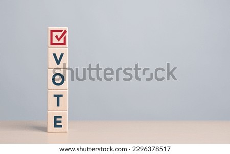 Election vote concept. Political election campaign logo. Vote word with checkmark symbol on wooden cube blocks. Applicable as part of badge design. Voting sign symbols. Elections and poll icons.