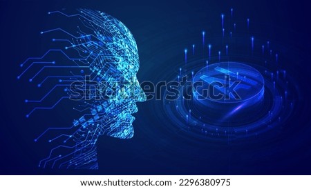 Robot with virtual AI icon. Artificial intelligence concept. automation, big data, cloud computing, computer graphics, concepts, creativity, cyber, deep learning, and digital transformation.