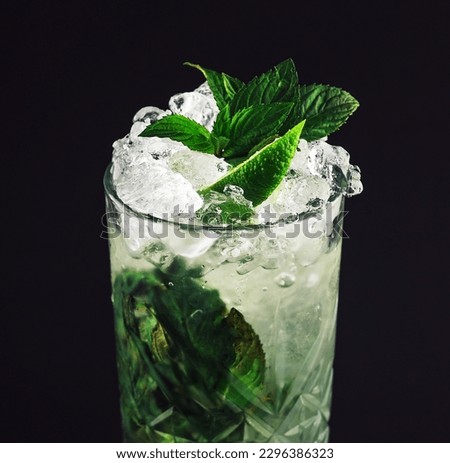 Mojito cocktail with fresh mint on dark background