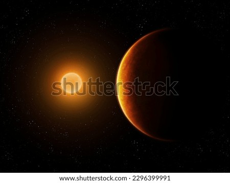 Sunrise over a red planet. Beautiful cosmic background. Rocky planet orbiting the sun. Royalty-Free Stock Photo #2296399991