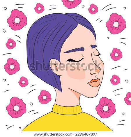 Hand drawn girl with purple hair and with closed eyes inhales the scent of flowers. Vector art