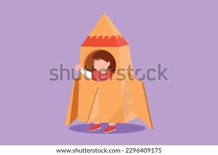 Cartoon flat style drawing cute creative little girl playing as astronaut. Happy and lovely kids in rocket costume made of cardboard boxes. Children creative idea. Graphic design vector illustration
