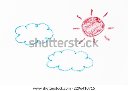 Color oil pastel hand drawing in sun with ray and cloud shape on white paper background Royalty-Free Stock Photo #2296410715