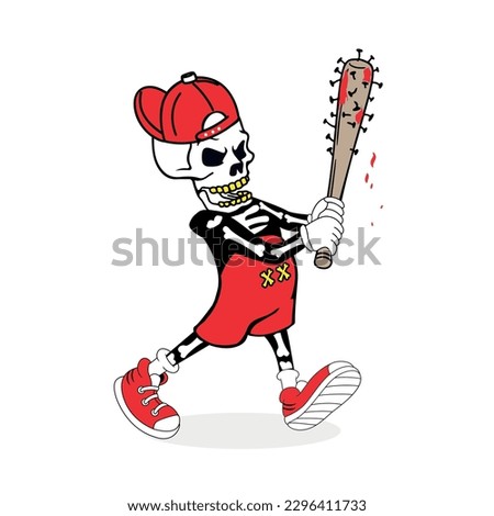 Baseball image vector. Skull man playing baseball vector. Bones shirt. Hit the ball. Skull shirt. Sport character. Skull with red hat