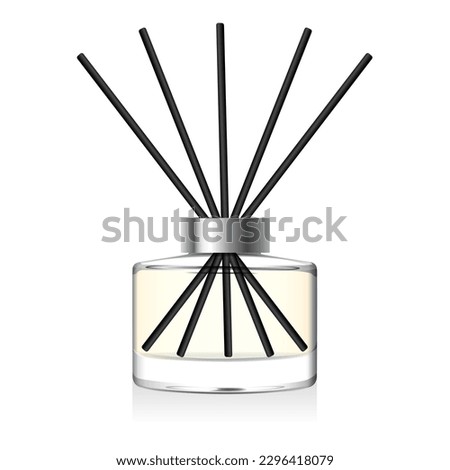 Transparent reed diffuser bottle mockup. Home fragrance with yellow liquid perfume. Round aromatic diffuser with black fiber coated sticks and silver cap. 3D vector illustration Royalty-Free Stock Photo #2296418079