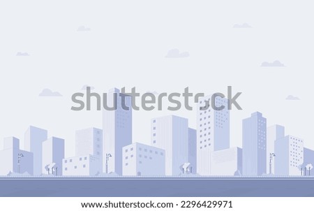 Purple cityscape background, City buildings and trees at city view. Monochrome urban landscape with clouds in the sky. Modern architectural flat style vector illustration. Royalty-Free Stock Photo #2296429971