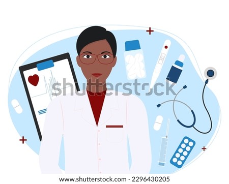 Black woman doctor with medical items. Health сare сoncept. A woman in a white coat. World health day. National Doctors Day. 