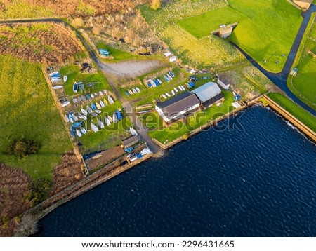 Aerial view of Reva Reservoir, West Yorkshire, used as an water sports activity centre by Wharfedale scouts