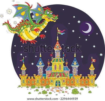 Fire-breathing dragon flying over a fairytale castle with high towers, defensive stone walls, gates, waving royal flags at a mysterious moonlit night, vector cartoon illustration