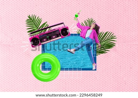 Creative retro 3d magazine collage image of carefree funky lady enjoying pool party isolated colorful background