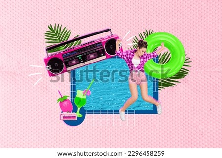 Photo collage artwork minimal picture of cool chilling lady dancing beach party boom box songs isolated graphical background