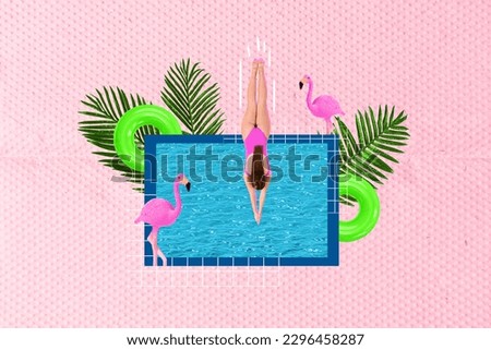 Creative tropical painted collage of young slim body girl wear bikini jump dive swimming pool flamingo weekend isolated on pink background