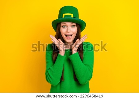 Photo of astonished lady raise opened hands palms unbelievable reaction isolated on yellow color background