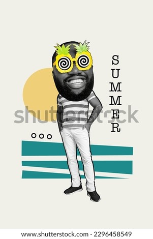 Picture summer collage template advert summer season party good mood man hypnosis ananas fruit sunglass isolated over seaview background