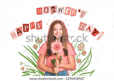 Young adorable daughter child teenager greet her mom happy mother day giving big pink flower graphical collage painting background