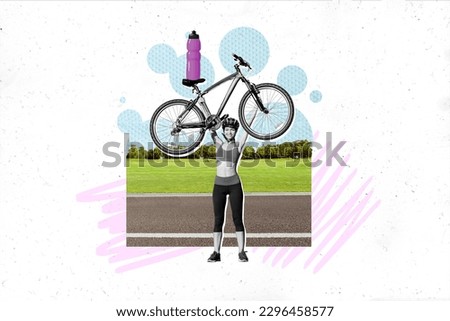 Photo collage artwork minimal picture of funny sporty lady rising bicycle isolated creative background