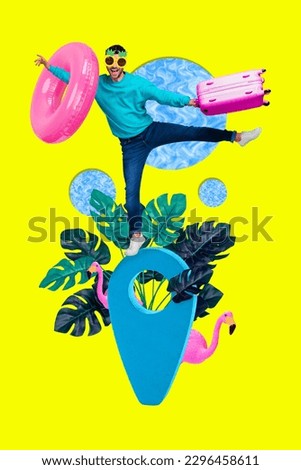 Photo collage artwork picture of excited funky guy exciting flying abroad isolated creative yellow color background