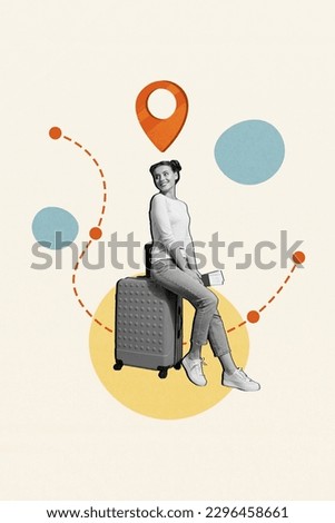 Airplane line path collage picture destination point geotag woman sitting baggage hold tickets visa document isolated over drawn background