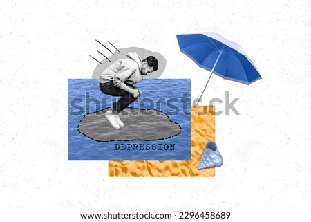 Creative idea collage summertime season of young guy jumping diver water seaside depression drowning isolated on grey background